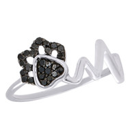 .925 Sterling Silver Black Diamond Heartbeat Ring Ladies Flower Band 0.17 CT.