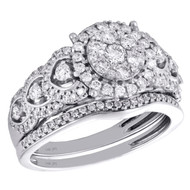 14k White Gold Diamond Flower Halo Engagement + Wedding Rings Bridal Set 1 CT.