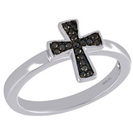 .925 Sterling Silver Round Black Diamond Cross Right Hand Cocktail Ring 1/10 Ct.