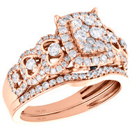 14K Rose Gold Diamond Cluster Enagement Ring + Wedding Band Bridal Set 0.88 CT.