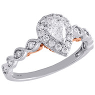 14K Two Tone Gold Pear Solitaire Diamond Teardrop Halo Engagement Ring 0.75 Ct.