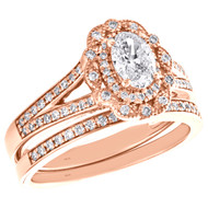 14K Rose Gold Oval Solitaire Diamond Flower Halo Engagement Ring Bridal Set 1 CT