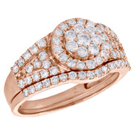 14K Rose Gold Diamond Halo Flower Engagement Ring + Wedding Band Bridal Set 1 CT