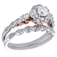 14K Two Tone Gold Diamond Flower Halo Engagement + Wedding Bridal Set 0.75 CT.