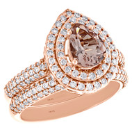 14K Rose Gold Diamond & Pear Morganite Solitaire Engagement Bridal Set 1.83 TCW