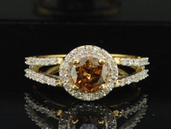 Brown Solitaire Diamond Halo Engagement Ring 10K Yellow Gold Round Cut 1.01 Ct