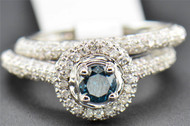 Diamond Bridal Set Blue Solitaire Engagement Ring Round Cut Band 14K White Gold