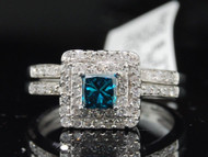 Blue Diamond Princess Cut Solitaire Engagement Ring White Gold Wedding Set