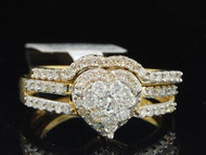 Ladies 10K Yellow Gold Diamond Engagement Ring Heart Wedding Band Bridal Set