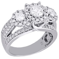 14K White Gold 3 Stone Solitaire Diamond Triple Halo Engagement Ring 1.50 Ct.