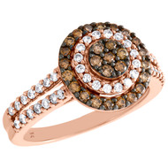 10K Rose Gold Brown Diamond Flower Set Double Halo Engagement Ring 0.75 CT.