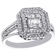 14K White Gold Round & Baguette Diamond Octagon Double Halo Cocktail Ring 1/2 CT