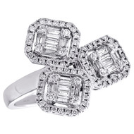 14K White Gold Baguette Diamond Triple Head Octagon Halo Cocktail Ring 0.62 CT.