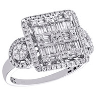 14K White Gold Baguette Diamond Flower Large Square Halo Cocktail Ring 0.87 CT.