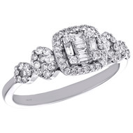 14K White Gold Round & Baguette Diamond Flower Set Halo Cocktail Ring 0.50 CT.