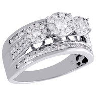 14K White Gold Three Stone Cluster Diamond Engagement Ring Flower Set 1 CT.