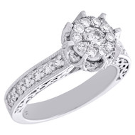14K White Gold Flower Set Diamond Engagement Ring Ladies Antique Design 1.06 CT.