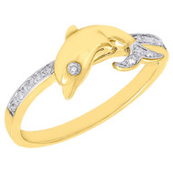 10K Yellow Gold Leaping Dolphin Diamond Motion Cocktail Promise Ring 0.05 Ct.