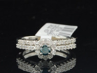 Ladies 10K White Gold Blue Diamond Flower Engagement Ring Bridal Set 0.85 Ct.