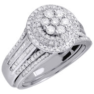 Ladies Diamond Bridal Set Round Flower 10K White Gold Wedding Ring 1.03 Ct.