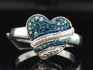 Blue Diamond Heart Ring 10K White Gold Round Fashion Love Promise Band 1/3 Ct.