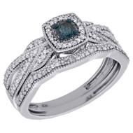 10K White Gold Solitaire Blue Diamond Halo Engagement Ring Bridal Set 0.40 Ct.