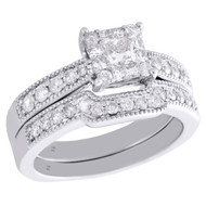 14K White Gold Princess Diamond Bridal Set Engagement Ring + Wedding Band 1 CT.