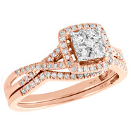 10K Rose Gold Diamond Bridal Set Cluster Engagement Ring + Wedding Band 0.50 CT.