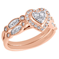 14K Rose Gold Diamond Bridal Set Heart Engagement Ring + Wedding Band 0.50 Ct.