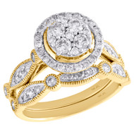 14K Yellow Gold Diamond Bridal Set Flower Engagement Ring + Wedding Band 1 Ct.