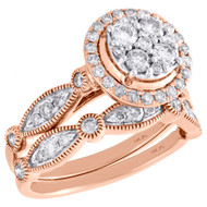 14K Rose Gold Diamond Bridal Set Flower Engagement Ring + Wedding Band 1 Ct.