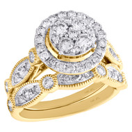 14K Yellow Gold Diamond Bridal Set Flower Engagement Ring + Wedding Band 1.50 Ct