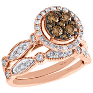 14K Rose Gold Brown Diamond Bridal Set Flower Engagement + Wedding Rings 1 Ct.