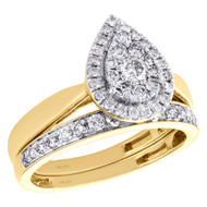 14K Yellow Gold Diamond Teardrop Pear Halo Engagement Wedding Bridal Set 3/4 CT.