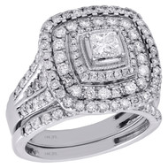 14K White Gold Princess Solitaire Diamond Engagement + Wedding Bridal Set 2 CT.