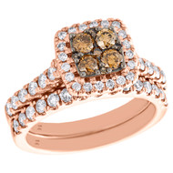 14K Rose Gold Brown Diamond Bridal Set Engagement Ring + Wedding Band 1.50 CT.