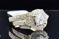 Ladies 14K Yellow Gold Pie Cut Cushion Halo Diamond Engagement Ring Bridal Set