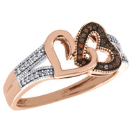 10K Rose Gold Red Diamond Right Hand Double Heart Ladies Cocktail Ring 1/6 Ct.