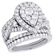 14K White Gold Diamond Teardrop Engagement + Wedding Rings Bridal Set 2.97 CT