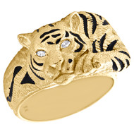10K Yellow Gold Marquise Diamond Tiger / Panther Black Enamel Pinky Ring 0.05 CT