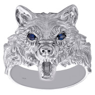 10K White Gold Blue Sapphire Gemstone Texture Wolf Frame Statement Ring 0.10 CT.