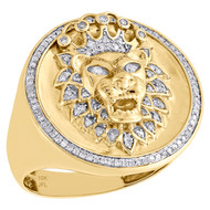 10K Yellow Gold Lion Face Diamond Round 24mm Frame Pave Band Pinky Ring 3/8 CT.