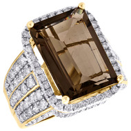 10K Yellow Gold Real Diamond & Smoky Quartz Emerald Mens Pave Pinky Ring 2.50 CT
