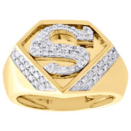 10K Yellow Gold Diamond Superman Logo Shield "S" Initial Pinky Ring Band 0.65 CT