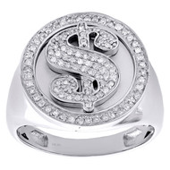 10K White Gold Mens Diamond Dollar Sign Money Pinky Ring 19mm Pave Band 1/2 CT.