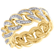 10K Yellow Gold Diamond Miami Cuban Link 9mm Eternity Band Pinky Ring 0.90 CT.