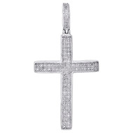 10K White Gold Real Diamond Dome Cross Pendant 1.40" Unisex Pave Charm 1/4 CT.