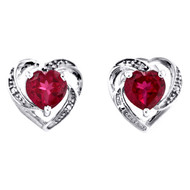 10K White Gold Round Created Ruby Real Diamond Heart Stud 11mm Earrings 3/8 CTTW