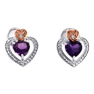 Sterling Silver Round Created Amethyst Heart Stud Diamond 12mm Earrings 7/8 CTTW