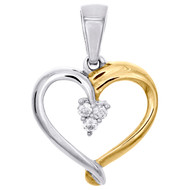 Sterling Silver Two Tone Round Diamond Heart Cluster Pendant 0.80" Charm 1/20 CT